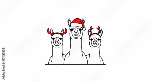 Three cartoon llamas wear festive holiday headwear for seasonal cheer