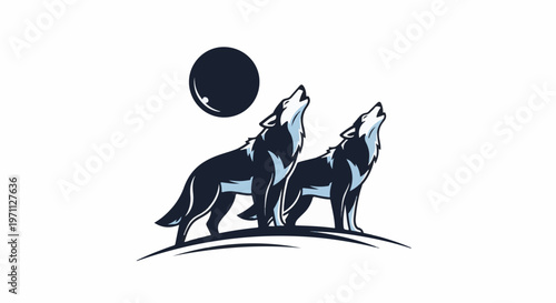 Two dark wolves howl at a large dark moon at night