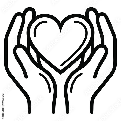 Black and white line art icon of hands cupping a heart