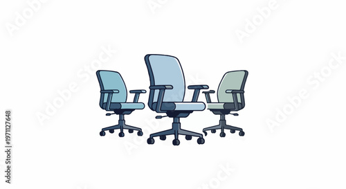 Three modern office chairs with wheels are arranged in a triangular formation