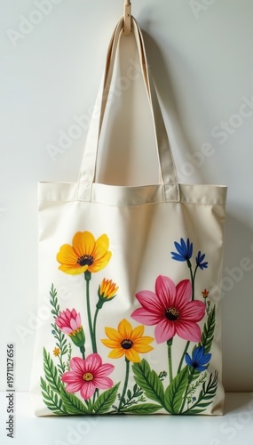 Tote bag with painted wildflowers, rustic style , online, sustainable