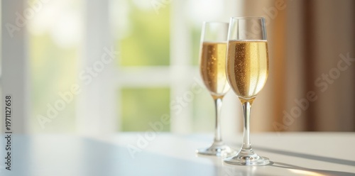 Two half-full champagne coupes, delicate stems , sophisticated, reflection