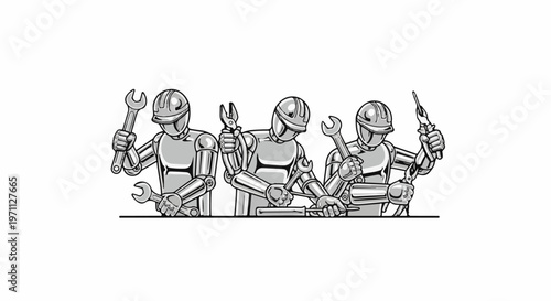 Three metallic robots holding tools and working together
