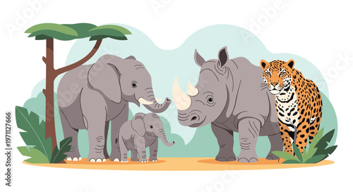 Majestic elephants, a powerful rhinoceros, and a stealthy leopard gather in a lush savanna landscape with tall trees.
