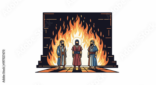 Three men in ancient robes stand before a fiery furnace in a pixelated style