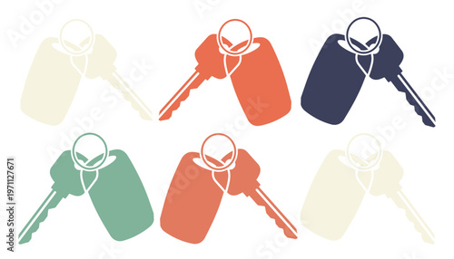 車の鍵とキーホルダーのベクターイラストセット、新生活や引っ越し、不動産、自動車関連のビジネスに最適なシンプルでモダンなデザインの鍵アイコンコレクション