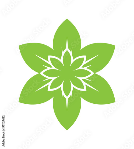ミニマルでモダンな緑の葉のロゴデザイン、自然と成長を象徴するシンプルな植物のベクターイラスト、環境保護やオーガニック製品のブランドイメージに最適なグラフィック素材