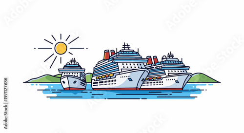 Three large cruise ships anchored in blue water with green hills and a bright sun