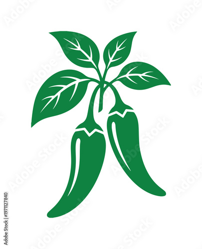 新鮮な緑色の唐辛子と葉のシンプルなベクターイラスト、料理や食品関連のデザインに最適な辛味と風味を表現するアイコン素材