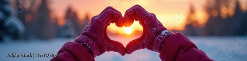 Winter gloves forming heart shape, sunset backdrop, sunset, frozen