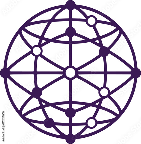 Purple geometric pattern with interconnected circles and lines forming a spherical shape