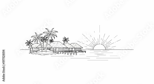 Tropical bungalows on stilts with palm trees at sunrise over the ocean