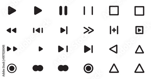 Set of media player icons rewind fast forward play pause stop skip backward forward record square shapes.
