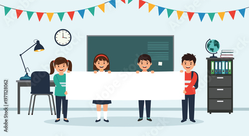Group of happy school children standing in a classroom holding a large blank white banner for your custom text and messages.