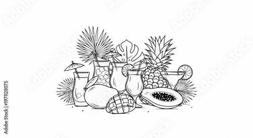 Tropical fruits and refreshing drinks with palm leaves and small umbrellas