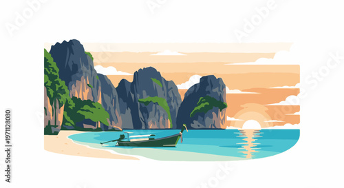 Tropical island beach with limestone cliffs, green boat, and sunset sky