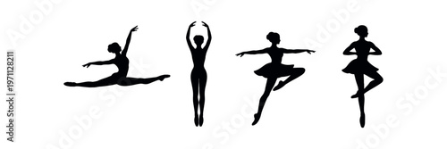 Ballet dancer icon set. grand jeté, en pointe, arabesque, pirouette, classical dance positions. flat vector illustration.