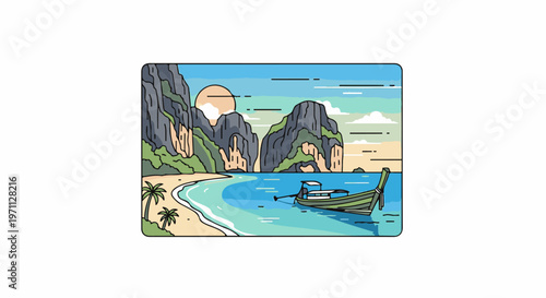 Tropical island with limestone cliffs, beach, palms, and boat at sunset