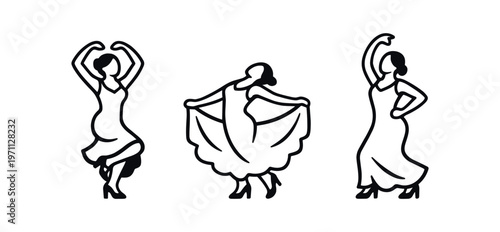 Flamenco dancer icon set. flamenco, dancer, spanish dance, skirt, heel stomps, flamenco dress, performance, rhythm. line and flat vector icon set.