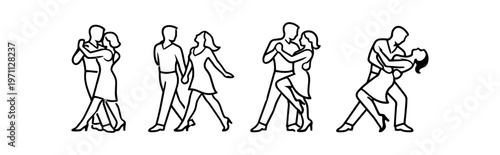 Dancing couple icon set. couple, partners, tango, ballroom, salsa, waltz, embrace, pose, choreography. line and flat vector icon set.