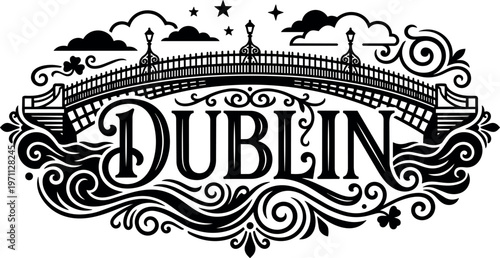 Black and white dublin bridge with ornamental flourishes and stars vector art