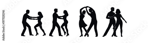 Dancing couple silhouette icon set. romantic dance, partners, movement, pose, tango, waltz. flat vector illustration.