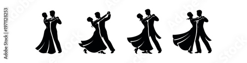 Elegant ballroom dancers icon set. waltz couple, flowing dress, formal dance, partner movement, ballroom. flat vector illustration.