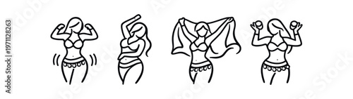 Belly dancer icon set. belly dance, oriental dancer, hula, hip scarf, woman dancing, exotic dance. line and flat vector illustration.