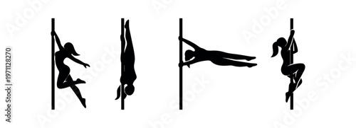 Pole dance silhouette icon set. female pole fitness, tricks, spins and holds, aerial strength and performance. flat vector illustration.