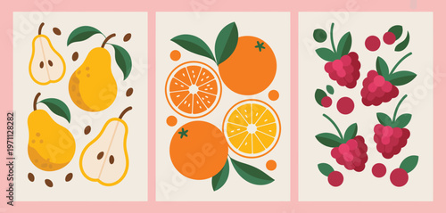 Abstract fruit posters, modern minimalistic fruits art prints featuring organic food banners with hand drawn orange, pear, raspberry, and berry elements, designed in a contemporary vector style