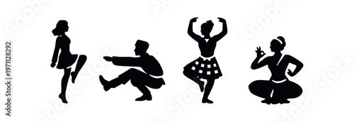 Folk dance silhouette icon set. traditional dancers, couple and solo, costume, festival, cultural performance. flat vector illustration.