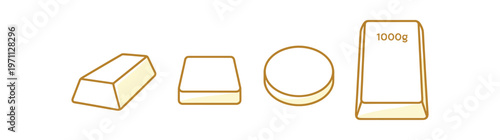 Gold bar icon set. bullion, ingot, weight, 1000g, metal, gold, precious metal. line and flat vector icon set.