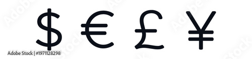 Minimal currency icon set. dollar, euro, pound, yen symbols for money, finance, payment and banking. line and flat vector illustration.