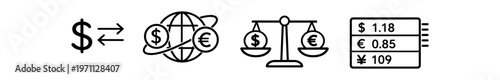 Currency exchange and conversion icon set. money exchange, globe transfer, balance scale, rates list, finance. flat vector illustration.