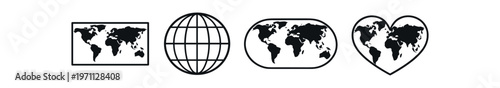 World map icon set. rectangular map, globe grid, rounded map, heart-shaped world, global and travel symbols. line and flat vector illustration.
