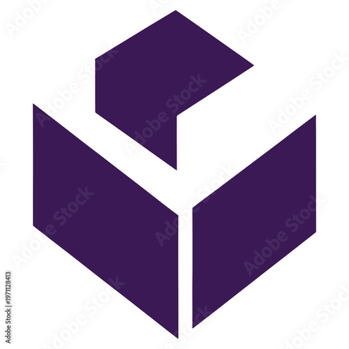 Purple geometric whisk symbol with three dimensional perspective and sharp edges