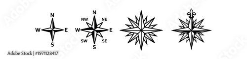 Compass rose icon set with direction letters. navigation, north, directions, wayfinding, orientation, marine, travel. line, flat and colored vector icon set.