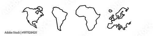 Continents map icon set. north america, south america, africa, europe map outlines, geography and travel. line, flat and colored vector icon set.