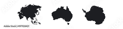 Continent silhouettes icon set. asia, australia, antarctica, solid map shapes, geography and travel symbols. flat vector illustration.