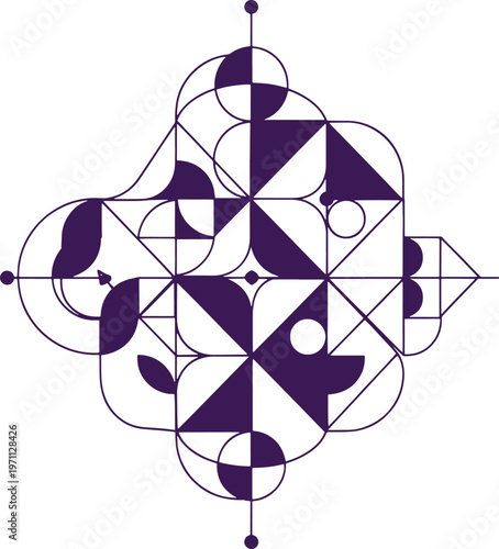 Purple geometric whisk pattern with symmetrical shapes and lines on white background