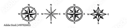 Classic compass rose icon set. round and star variants with n e s w markers, nautical navigation emblems. line, flat and colored vector icon set.