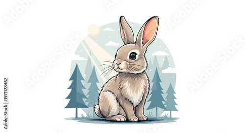 Adorable light brown rabbit sits peacefully in a snowy winter forest with pine trees and soft sunlight glowing in the background.