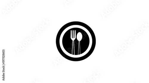 Black and white food icon with fork and spoon in a circle, minimalist dining symbol for restaurant, cafe, and meal service design.