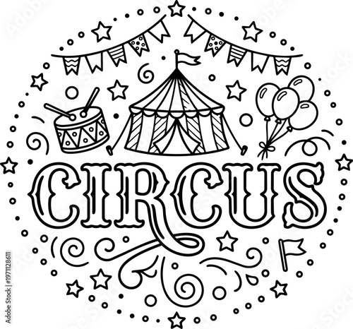 Circus lettering with tent drum balloons and decorative stars vector art