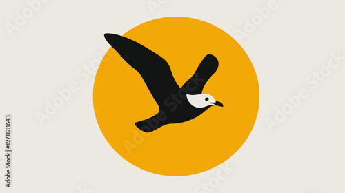 Minimalist graphic illustration of a black bird in flight with white head against a vibrant orange circle, simple avian icon.