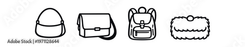 Bag icon set. purse, shoulder bag, satchel, backpack, fur clutch. line and flat vector illustration.