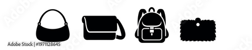 Bag icon set. purse, shoulder bag, satchel, backpack, fur clutch. flat vector illustration.