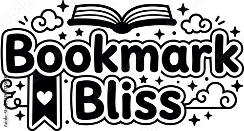 Bookmark bliss text with heart ribbon and stars around open book vector art
