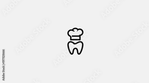 Minimalist line art icon of a tooth wearing a chef's hat, symbolizing the connection between dental health, nutrition, and gourmet food.