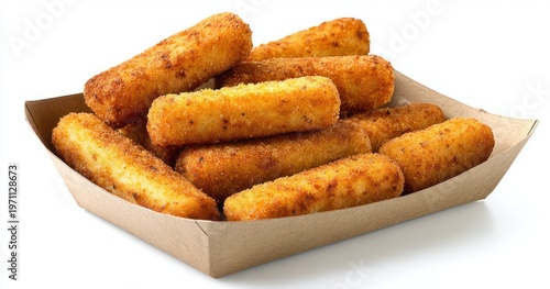 Golden-brown crispy mozzarella sticks with a crunchy textured coating served in a paper tray